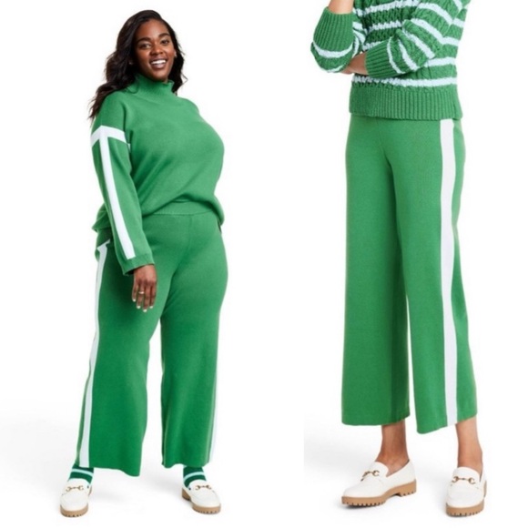 🔖 LA LIGNE x Target Cashmere Blend Sweater Pant Lounge Green White Stripe - Picture 1 of 8